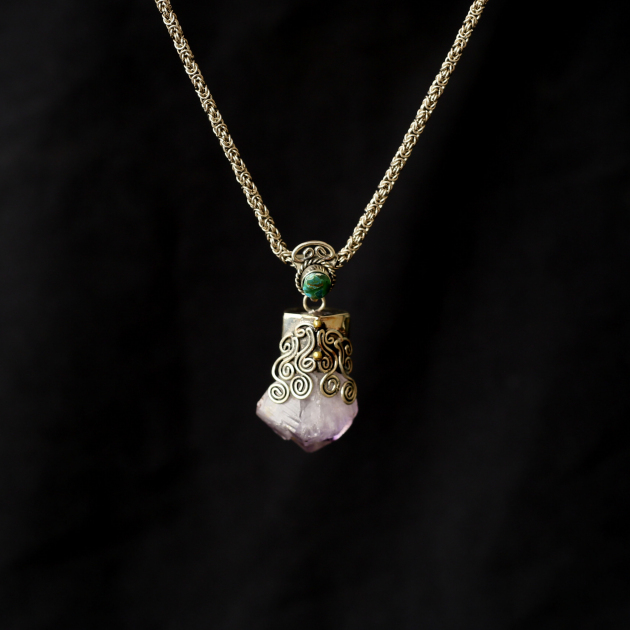 RAW AMETHYST And CHRYSOCOLLA Silver Pendant