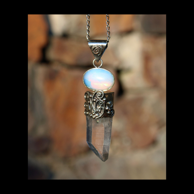 PURE CLEAR QARTZ silver pendant with blue opal stone