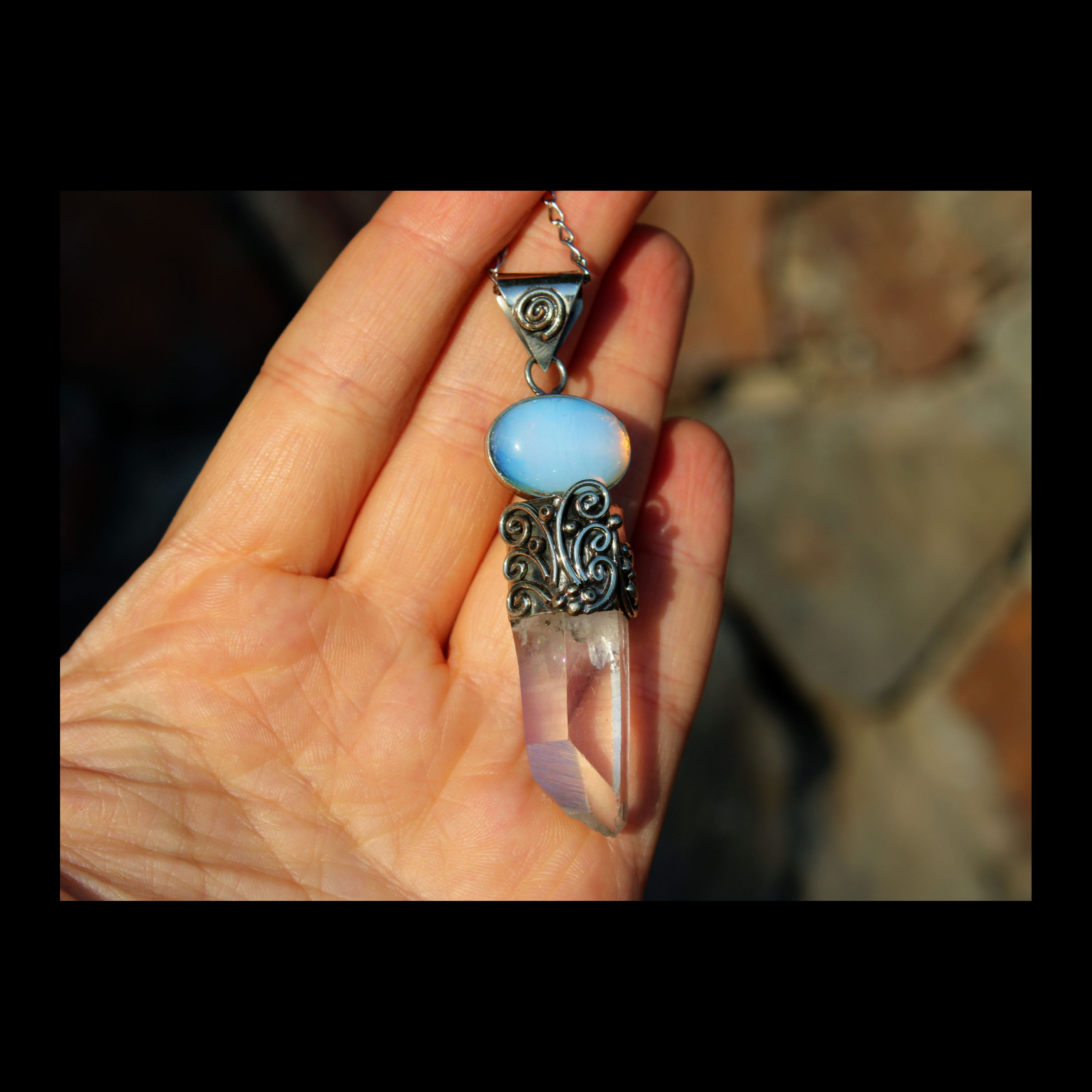 PURE CLEAR QARTZ silver pendant with blue opal stone - Image 2