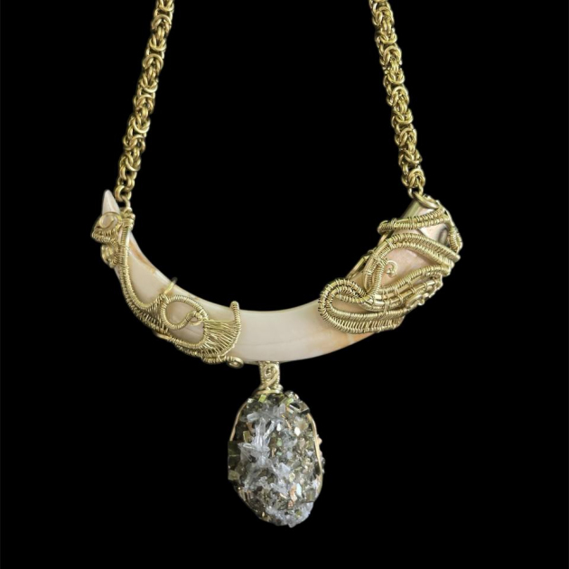 Wild boar tooth necklace with quartz pyrite stone