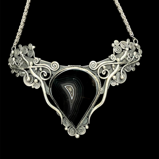 Black agate stone silver necklace