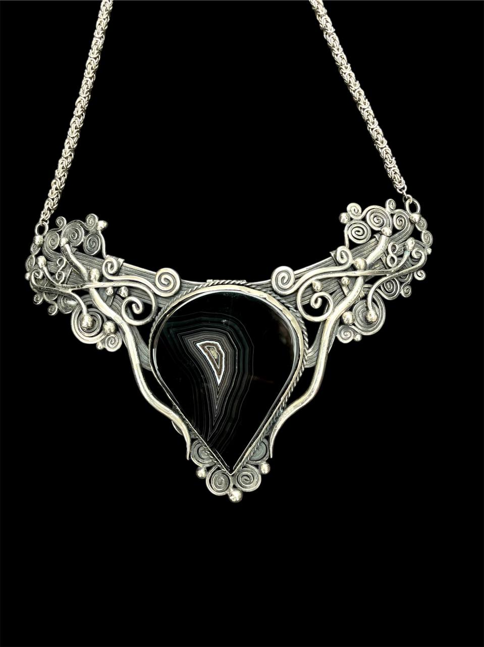 Black agate stone silver necklace