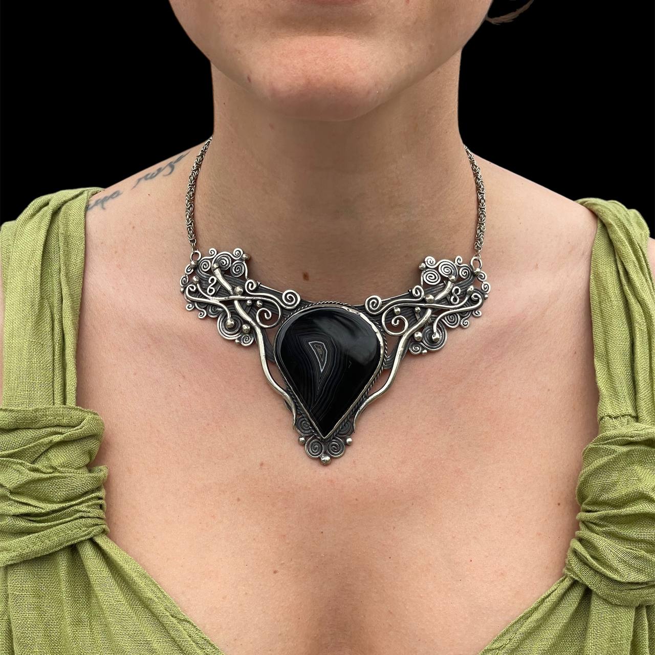Black agate stone silver necklace - Image 2