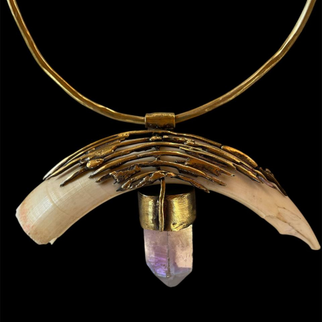 Wild boar tooth necklace with aura quartz